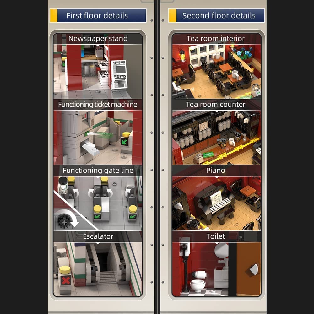 Modular Londoner U-Bahnstation mit Retro Sportwagen, 3200+ Teile Technik Auto Technik U-Bahnstation mit LEDs Modell Bausatz Kompatibel mit Lego Modular