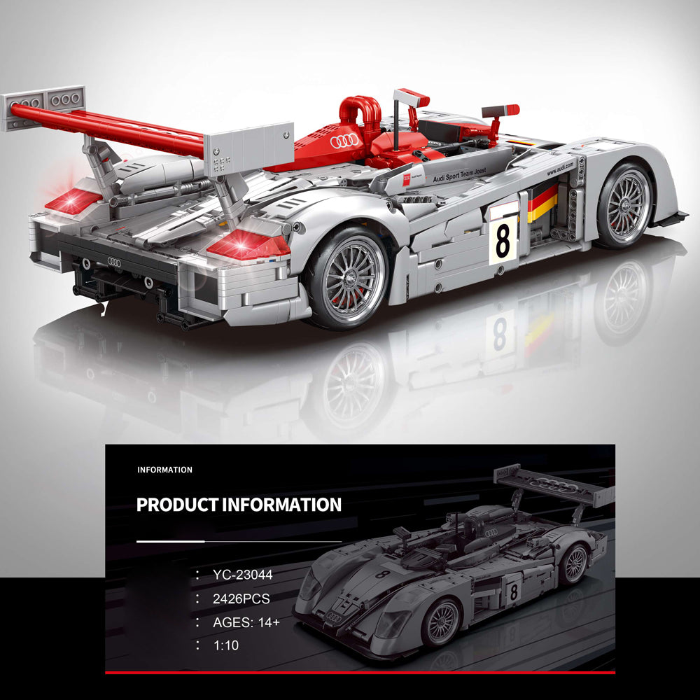Technik Auto für Audi R8 LM-P 2000 Le Mans 24 Race Rennauto, MOC R8 Rennwagen, 2426 KIemmbausteine Technik Rennauto für Kinder, Erwachsene, Baumeister, YC-23044