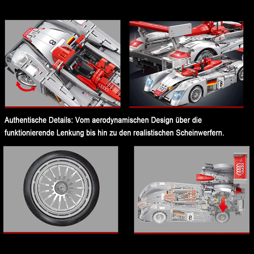 Technik Auto für Audi R8 LM-P 2000 Le Mans 24 Race Rennauto, MOC R8 Rennwagen, 2426 KIemmbausteine Technik Rennauto für Kinder, Erwachsene, Baumeister, YC-23044
