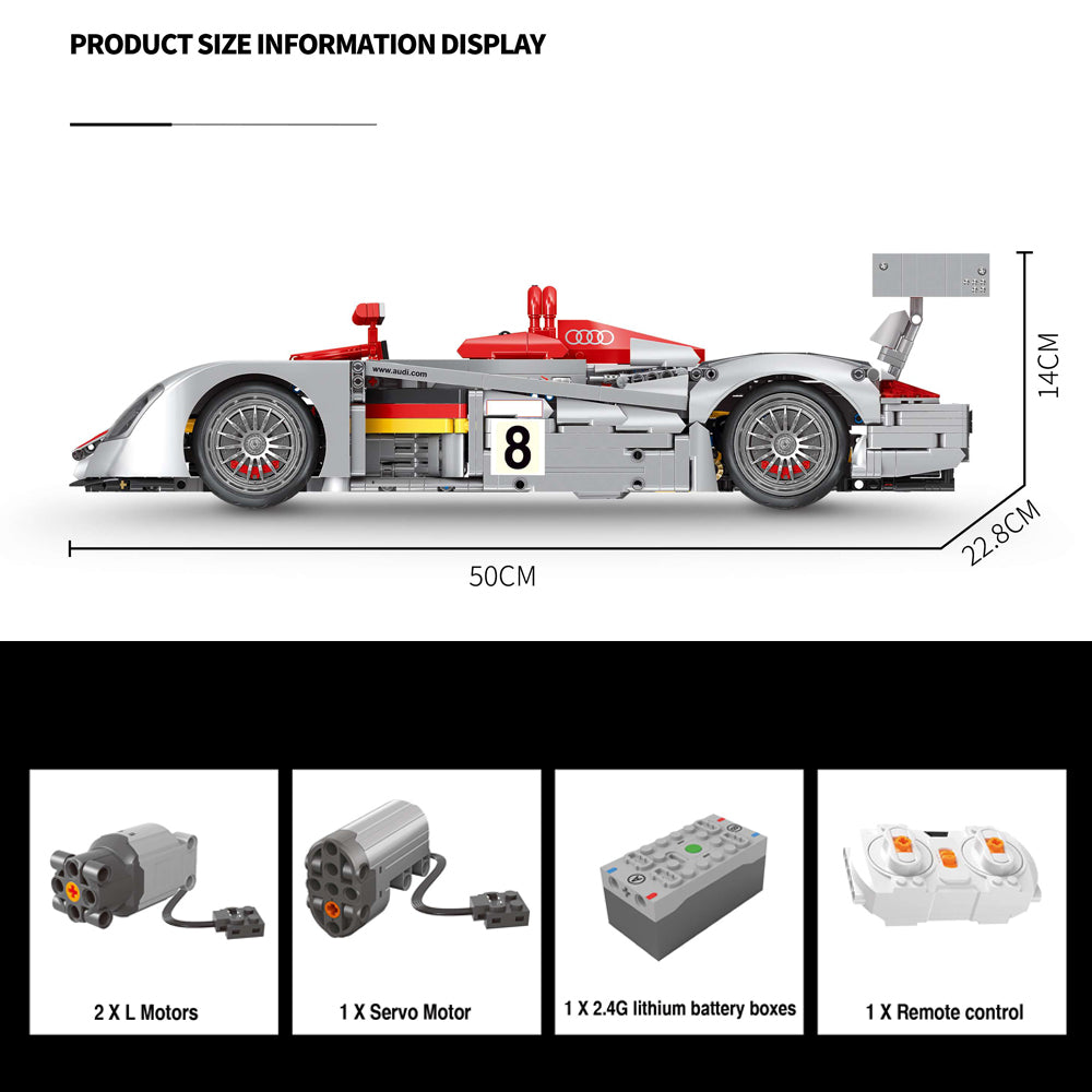Technik Auto für Audi R8 LM-P 2000 Le Mans 24 Race Rennauto, MOC R8 Rennwagen, 2426 KIemmbausteine Technik Rennauto für Kinder, Erwachsene, Baumeister, YC-23044