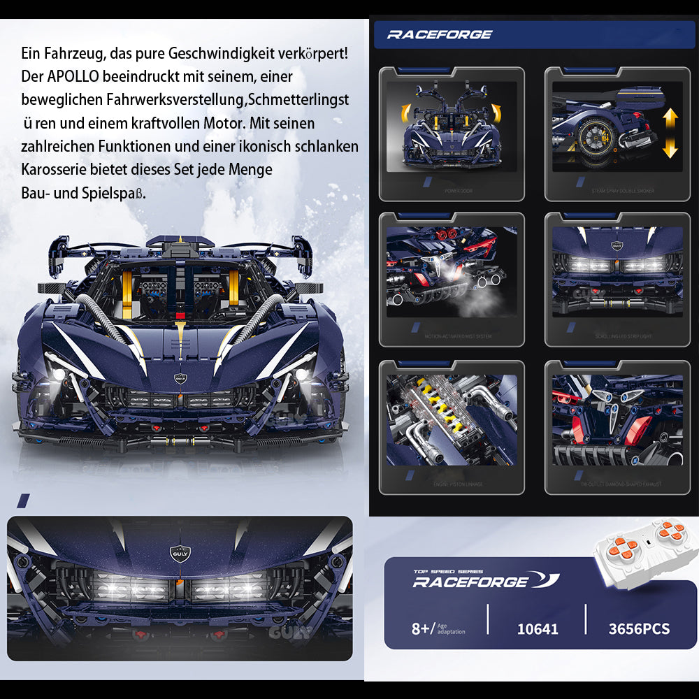 Technik Auto für Apollo Rennauto, MOC Technik Supercar Bausatz mit 4 M0T0R Bausatz, 1: 8 KIemmbausteine für Kinder und Erwachsene