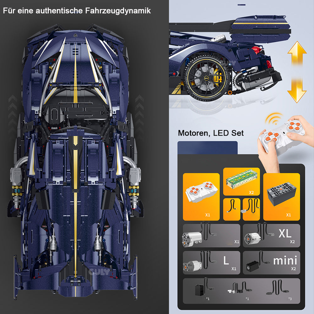 Technik Auto für Apollo Rennauto, MOC Technik Supercar Bausatz mit 4 M0T0R Bausatz, 1: 8 KIemmbausteine für Kinder und Erwachsene