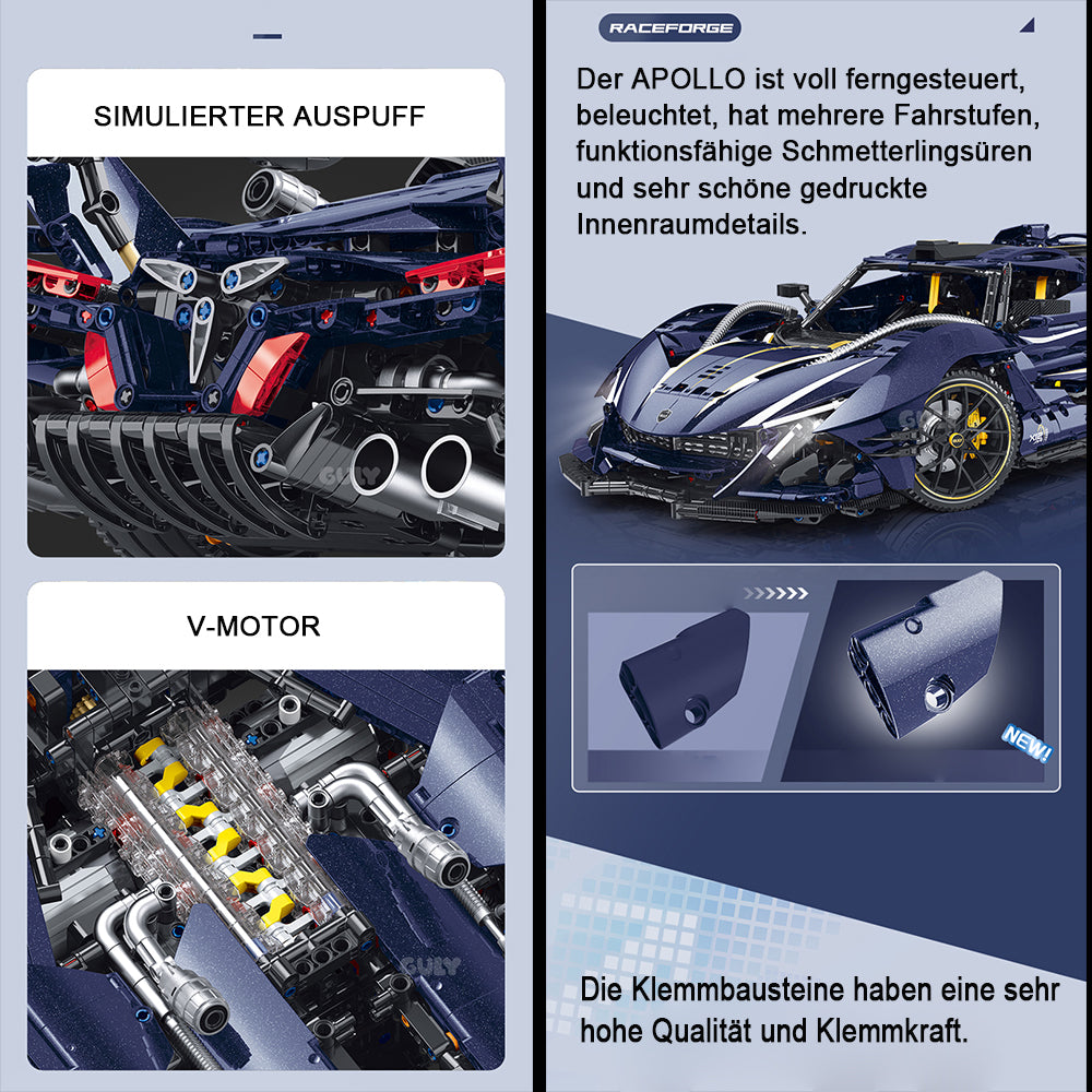 Technik Auto für Apollo Rennauto, MOC Technik Supercar Bausatz mit 4 M0T0R Bausatz, 1: 8 KIemmbausteine für Kinder und Erwachsene
