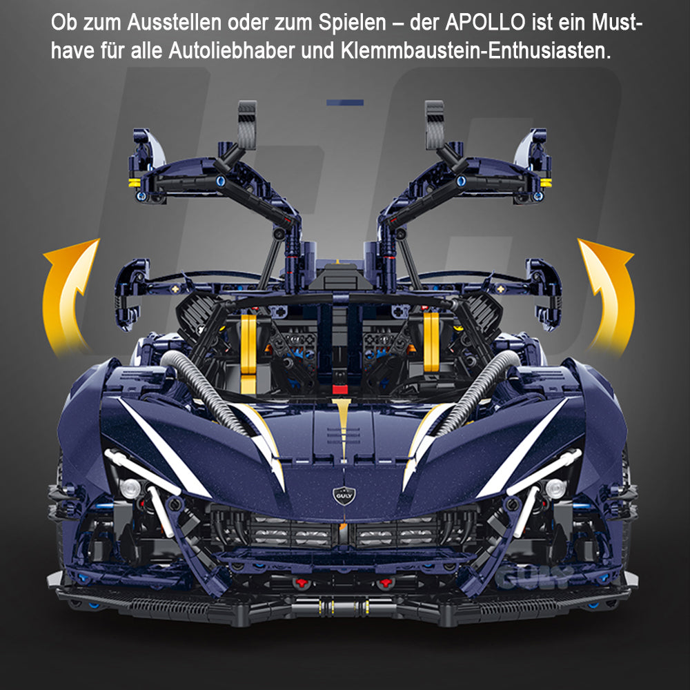 Technik Auto für Apollo Rennauto, MOC Technik Supercar Bausatz mit 4 M0T0R Bausatz, 1: 8 KIemmbausteine für Kinder und Erwachsene