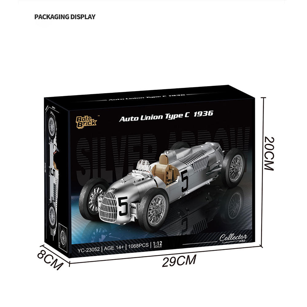 Technik Audi 1936-Auto Union Type C Rennauto, MOC Audi Rennwagen, 1068 KIemmbausteine Technik Rennauto für Baumeister, YC-23052