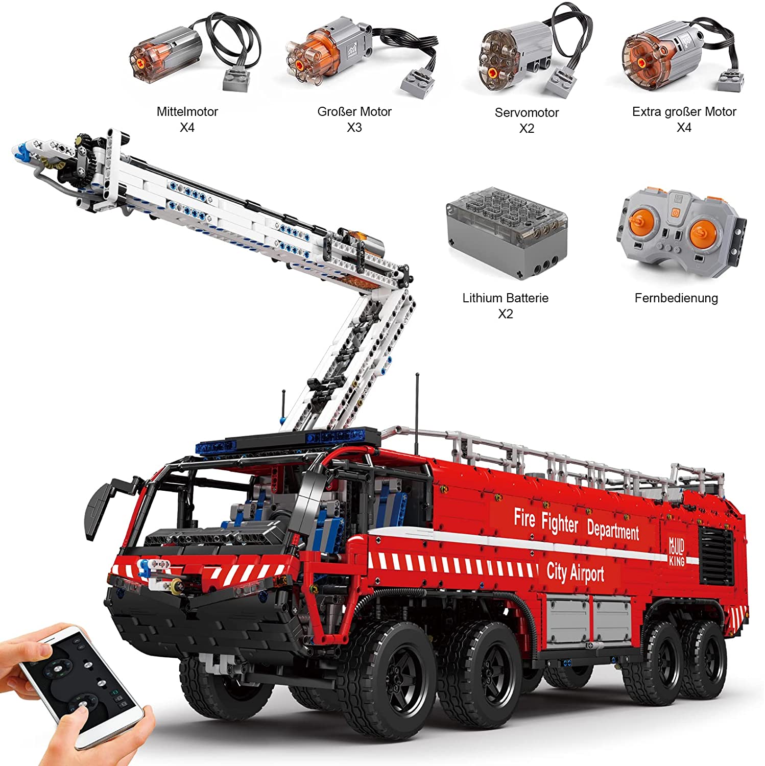 Technik Flughafen Rettungsfahrzeug Modell 6653 Teile Set zusammenbaut (Fernbedienung & APP-Steuerung R/C) Wasserspray Klemmbausteine Bausatz kompatibel mit Lego Technik